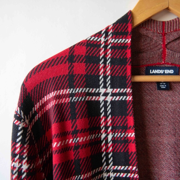 Lands' End Plaid Tartan Open Front Knit Cotton Cardigan - Picture 2 of 10